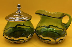 Vintage NY Krome-Kraft, Farber Bros. Green Glass Sugar Bowl & Creamer With Lid